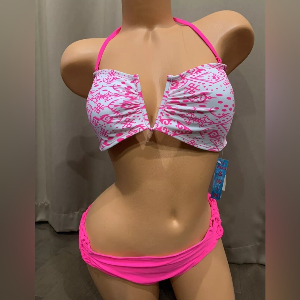 New La Moda 2 piece Swim Suit Bikini Hot Pink White X-large